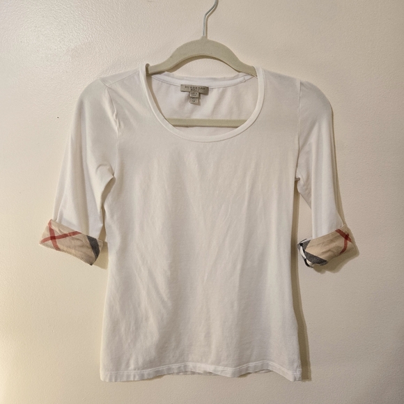 Burberry Tops - Burberry Brit white tee plaid check cuffs